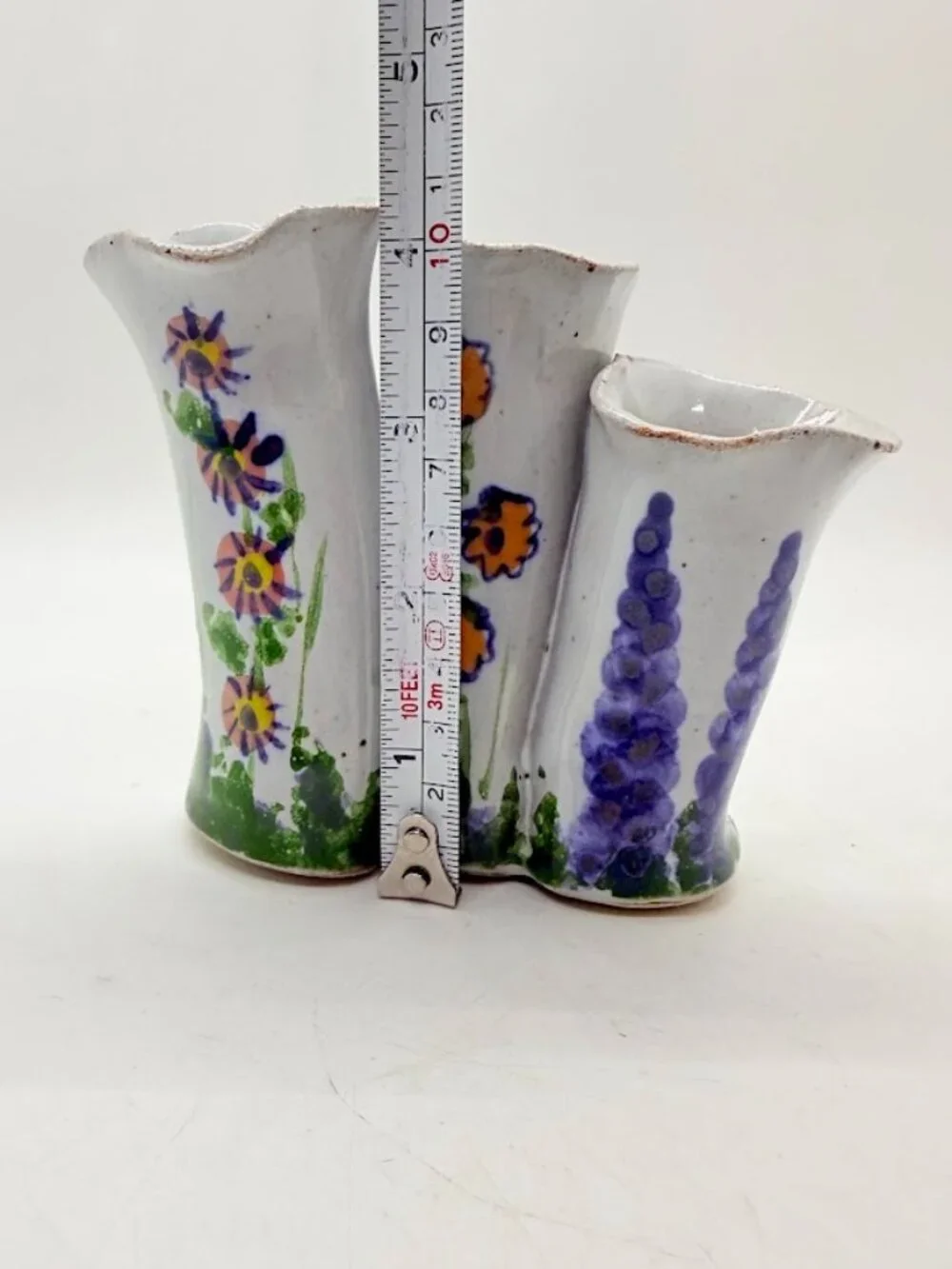Studio Art Pottery Bud Vase 3-Finger Cluster Speckled Stoneware Signed Hull